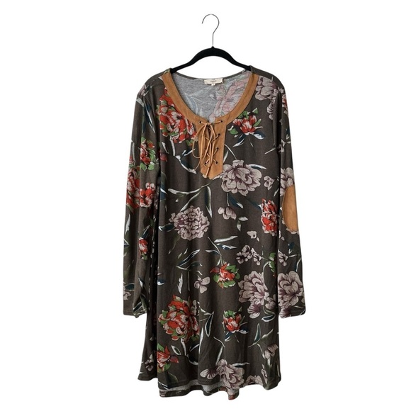 Entro Dress Women's Size L Brown Floral Lace Up Elbow Patches Long Sleeve Boho - Picture 2 of 9